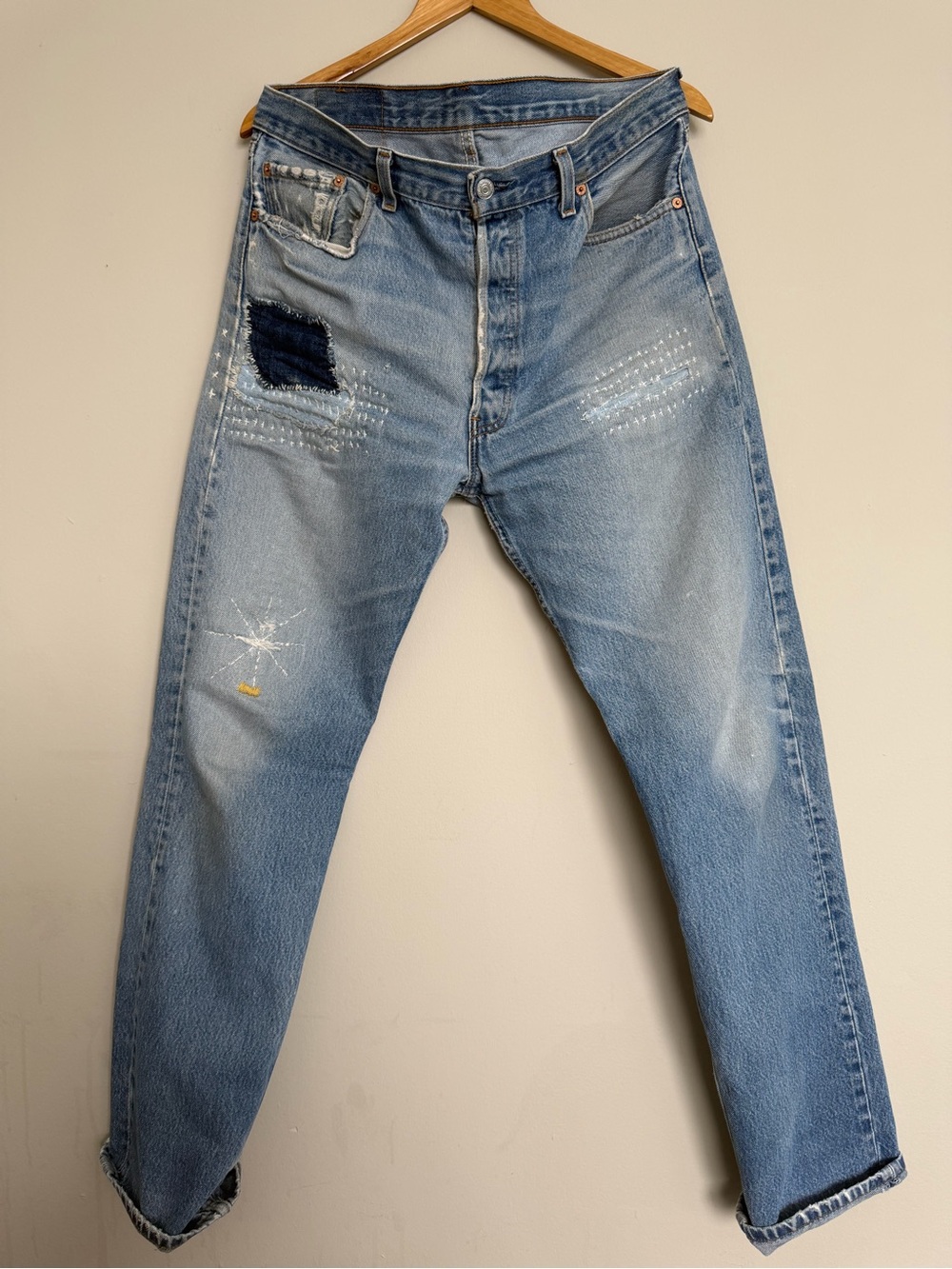 Vintage Levi’s 501 100% cotton, sashiko repairs, size 35W/34L